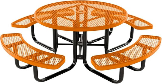 COATEDOUTDOORFURNITURE Heavy-Duty Portable Outdoor Kids Table with Umbrella Hole, Expanded Metal Kids Picnic Table, Commercial-Grade, Made in America (46 in, Round, Childrens, Orange)
