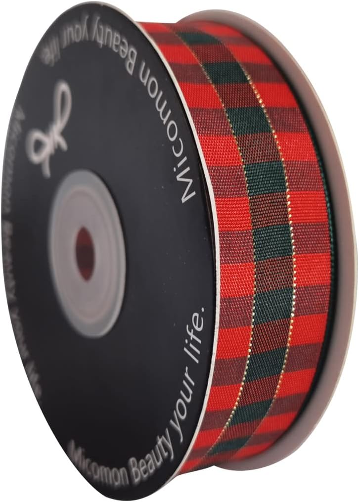 Micomon X'Mas Gingham Ribbon Green Red Metallic Gingham Ribbon 25 Yards Each Roll 100% Polyester (1",RedGreenGold)