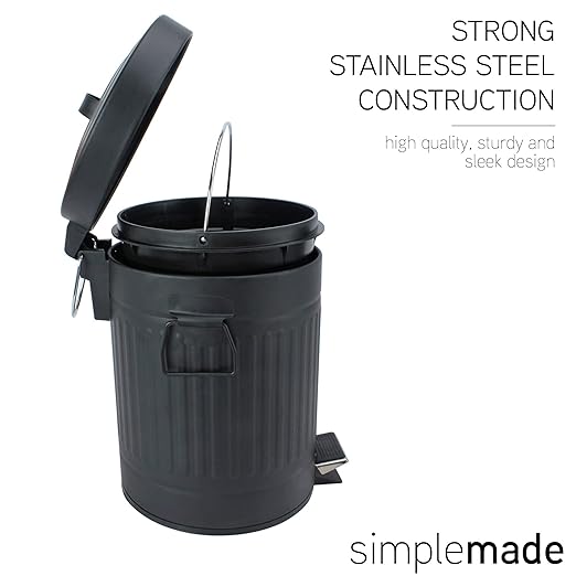 SIMPLEMADE Round Step Trash Can, Stainless Steel with Lid, Small Metal Wastebasket/Garbage Can for Bathroom, Office, Black, 5 Liter / 1.3 Gallon -