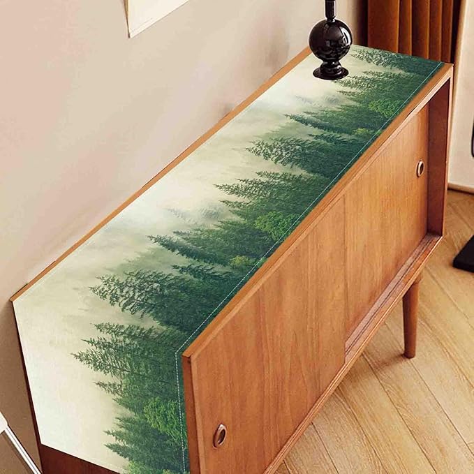 Forest Table Runner, Rustic Farmhouse Misty Pine Tree Woodland Jungle Mountain Country Coffee Table Center Decor for Kitchen Dining Patio Holiday Party Indoor Outdoor Table Decorations, 13"x72" Inch