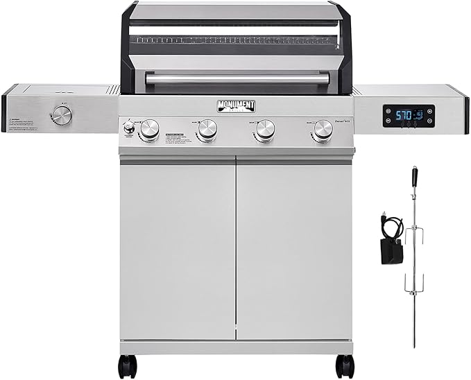 Monument Grills Denali 405 4-Burner Liquid Propane Gas Smart bbq Grill Stainless Steel with Rotisserie Kit(2 items)
