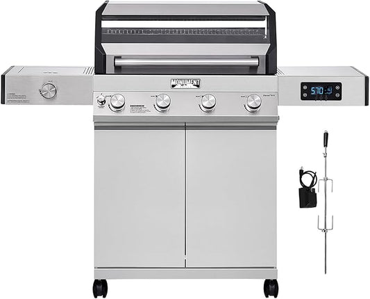 Monument Grills Denali 405 4-Burner Liquid Propane Gas Smart bbq Grill Stainless Steel with Rotisserie Kit(2 items)