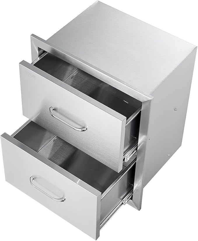 VEVOR Outdoor Kitchen Drawers, 17.8W x 20.2H x 12.2D Inch, Flush Mount Double BBQ Drawer, Stainless Steel BBQ Island with Handle, for Outdoor Kitchens or Patio Grill Station