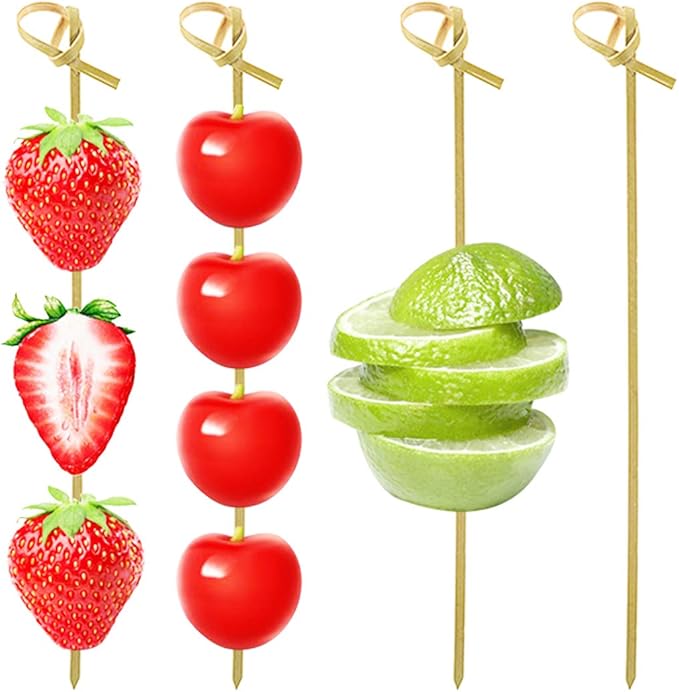 DC-BEAUTIFUL 200 Pack Natural Bamboo Knot Skewers, 6 Inch Bamboo Twisted End Cocktail Picks, Appetizer Picks for Party Snacks Club Sandwiches Finger Food Barbecue Must (6.0”)