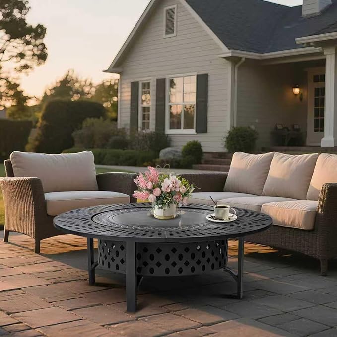 47 Inch Fire Pit with 2 Grills, Wood Burning Fire Pits for Outside with Lid & Poker, BBQ& Outdoor Firepit & Round Metal Table 3 in 1 for Patio, Picnic, Party