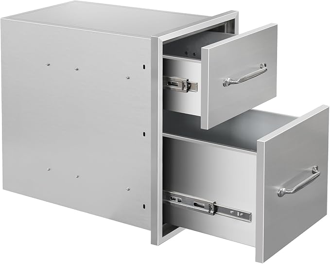 Outdoor Kitchen Drawers 14" W x 21" H x 21" D Stainless Steel Double Drawers with Ergonomic Handle for BBQ Island, Patio Grill Station & Outdoor Kitchen Cabinets