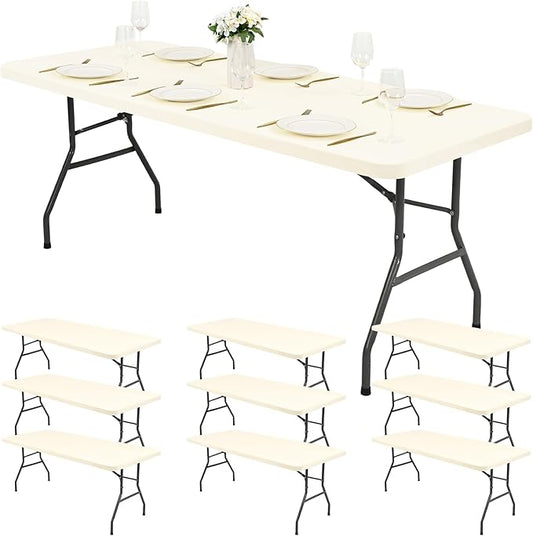 10 Pack Stretch Fabric Table Top Cap Cover, Ivory Table Covers fits 8Ft Tables, Washable Elastic Universal Rectangle Tablecloth Protector for Indoor Outdoor Party Picnic Wedding (30" W x 96" L)