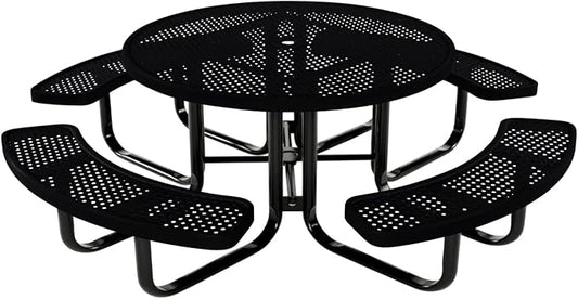 COATEDOUTDOORFURNITURE Heavy-Duty Portable Outdoor Kids Table with Umbrella Hole, Punched Steel Kids Picnic Table, Commercial-Grade, Made in America (46 in, Round, Childrens, Black)
