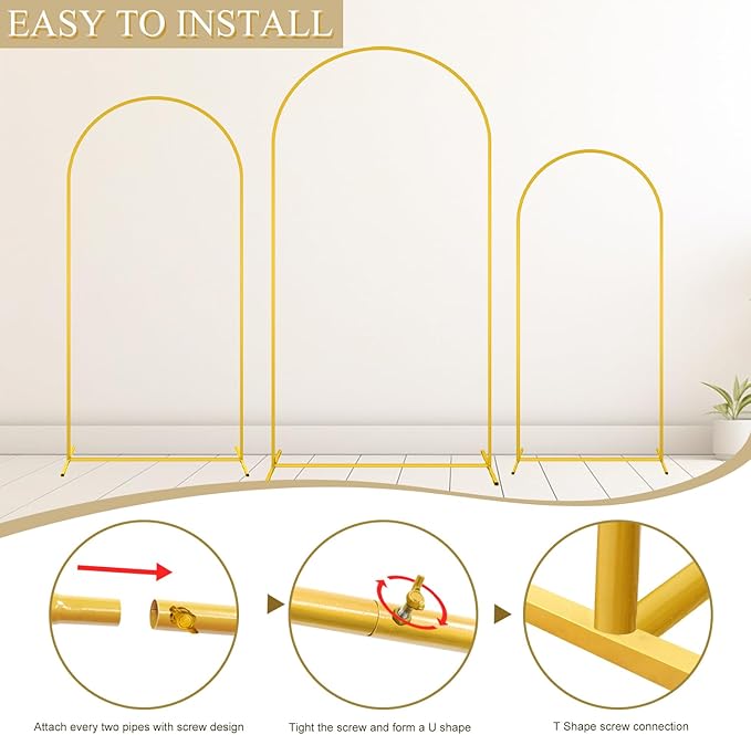 MODFUNS Metal Arch Stand Gold Wedding Arch Frame Set of 3 Balloon Arched Stands 6ft 6.6ft 7.2ft Backdrop Stands for Parties Vintage Backdrop Frame for Birthday Garden Wedding Decoration