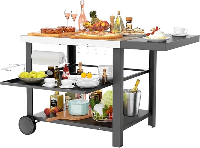 Outdoor Kitchen Island, Grill Cart with Drawer, Pizza Oven Stand, Movable 3-Shelf Prep Table with Side Table for Ninja Woodfire, Ooni Pizza Oven, Blackstone Griddle, Cuisinart, Cooking Station