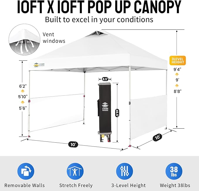 CROWN SHADES 10x10 Pop up Canopy Tent Instant Canopy with 150D Silver Coated Fabric Including 2 Half Sidewalls, 4 Ropes, 8 Stakes, 4 Weight Bags, STO 'N Go Bag, Grid White