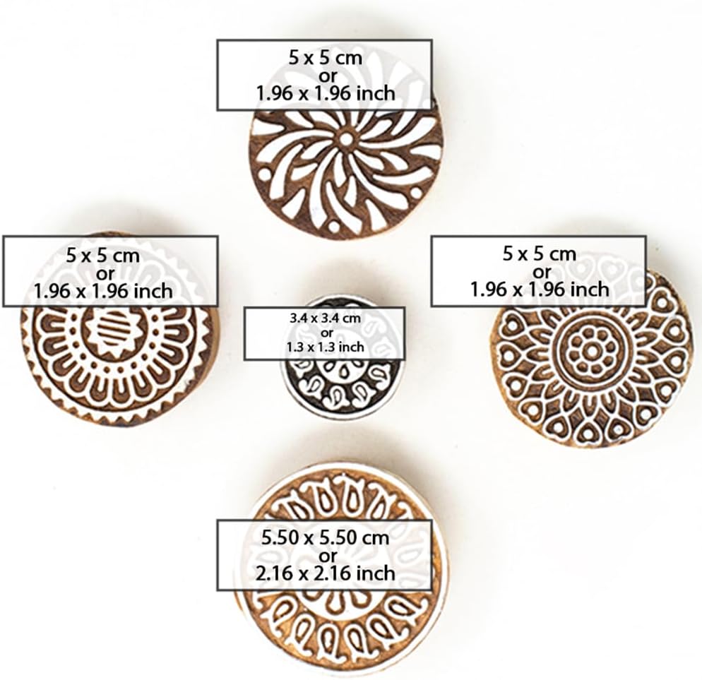 Round Shape Wooden Stamp Block for Block Printing - Handcarved Stamps for Saree Border/Scrapbook/Fabric/Textile/Paper/Clay/Pottery (Set of 5) Hashcart®