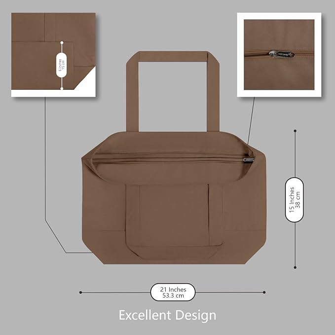 TOPDesign 6-Pack Canvas Tote Bags with an External Pocket, Reusable Grocery Shopping Bags, Top Zipper Closure, Daily Essentials (Brown)