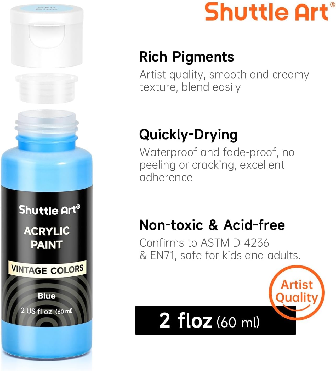 Shuttle Art Acrylic Paint Set, 25 Vintage Colours, 2oz/60ml Bottles, Rich Pigmented, Premium Acrylic Paints for Artists, Beginners and Kids on Rocks Crafts Canvas Wood Ceramic