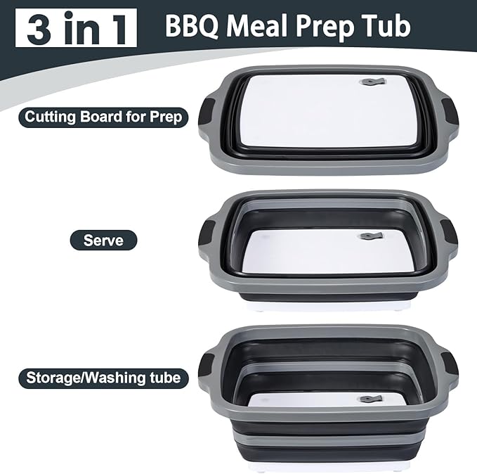 2 Pcs 16L Black Collapsible BBQ Prep Tub
