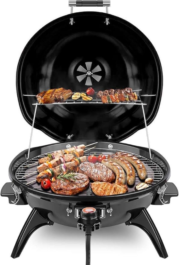 Electric BBQ Grill Techwood 15-Serving Outdoor Electric Grill for Party, Patio & Backyard, Double Layer Design, Portable Removable Stand Grill, 1600W (Countertop Black BBQ Grill)