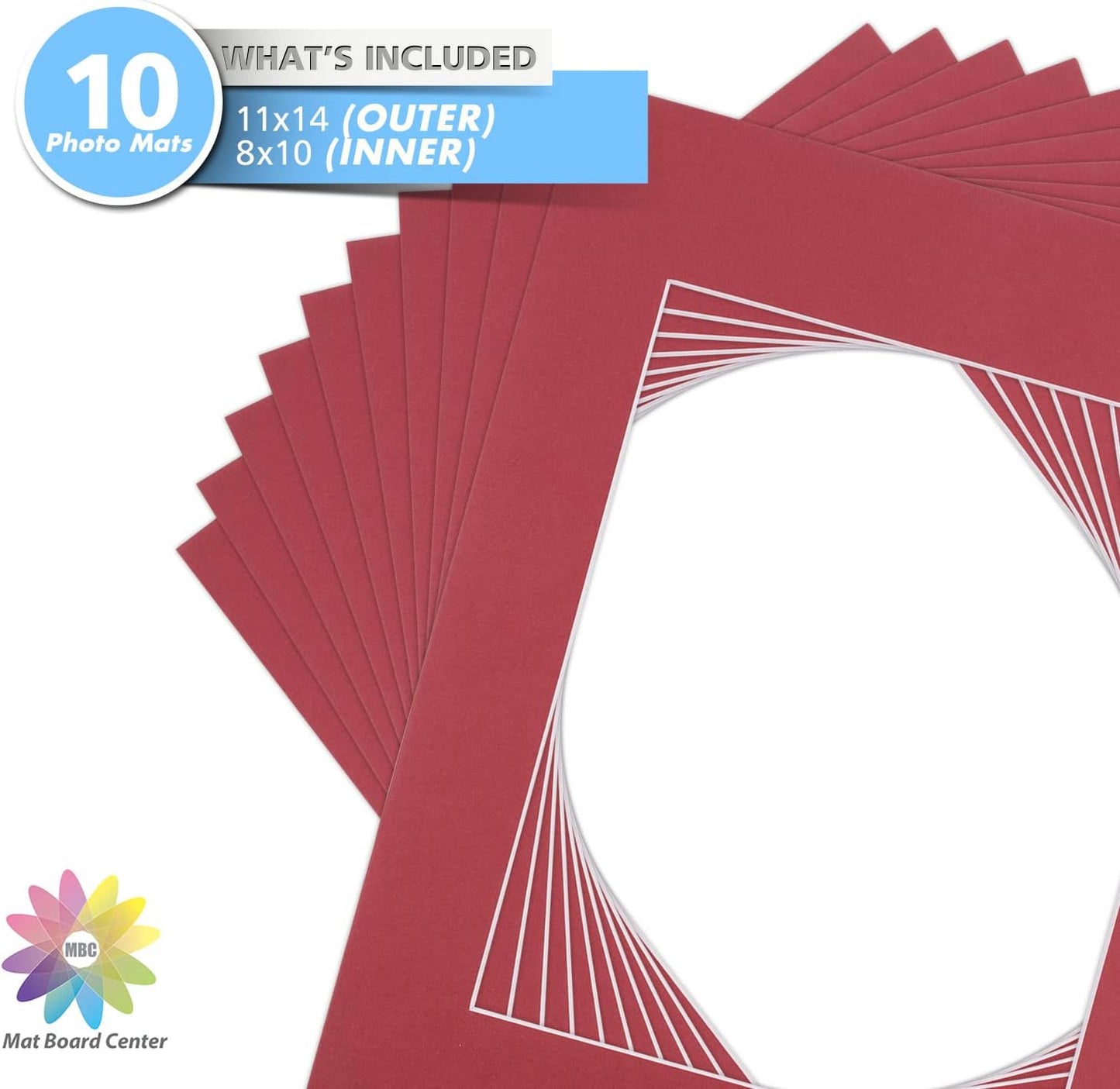 Mat Board Center, Pack of 10, 11x14 for 8x10 China Red Color Mats - Bevel Cut, Acid Free, 4-ply Thickness, White Core - for Pictures, Photos, Framing