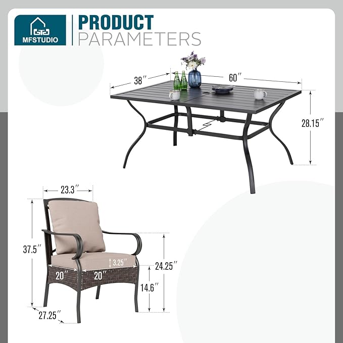 MFSTUDIO 7 Piece Outdoor Dining Sets for 6, Rectangular Metal Patio Table and Chairs, Heavy Duty Outdoor Dining Table for 6 Fixed Chairs with Thick Cushions, All Weather Patio Furniture Set