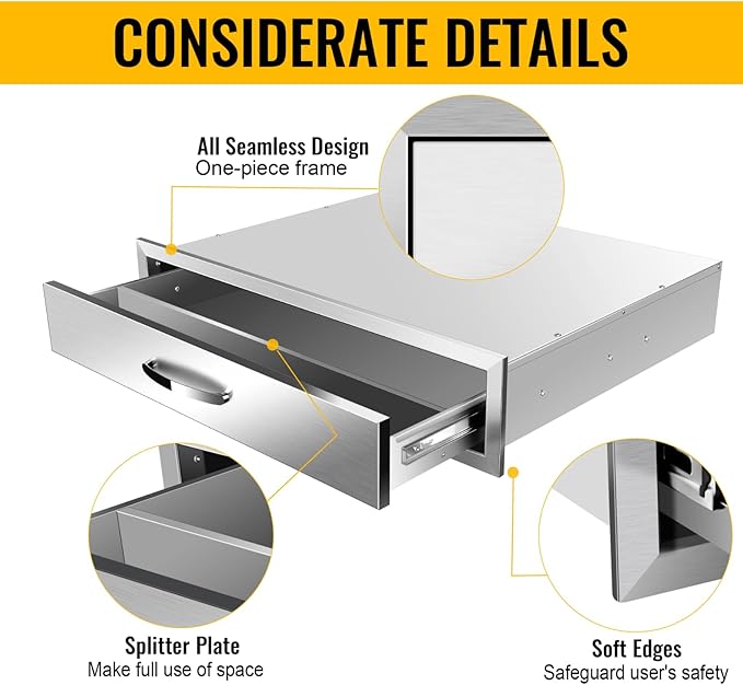 Outdoor Kitchen Drawers, Box Frame Style Flush Mount BBQ Drawer w/Stainless Steel Handle, BBQ Island Drawers For Patio Grill Station,Single Drawer