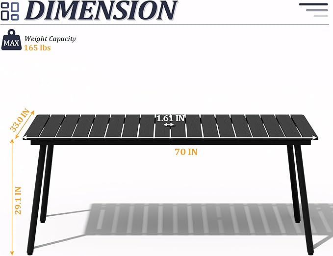 70" Patio Outdoor Dining Table for 6, Weather-Resistant Aluminum Frame with Wood-Grain Top & Umbrella Hole for Deck Gatherings, Black