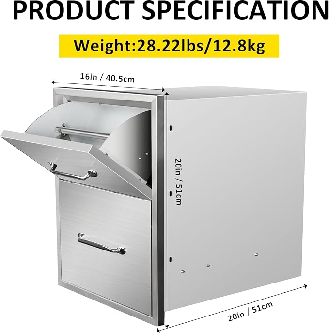 Outdoor Kitchen Drawers with Paper Towel Holder 16" W x 20" H x 20" D Flush Mount BBQ Drawers with Chrome Handle,Stainless Steel Built-in Double Access Drawers for Outdoor Kitchen Island