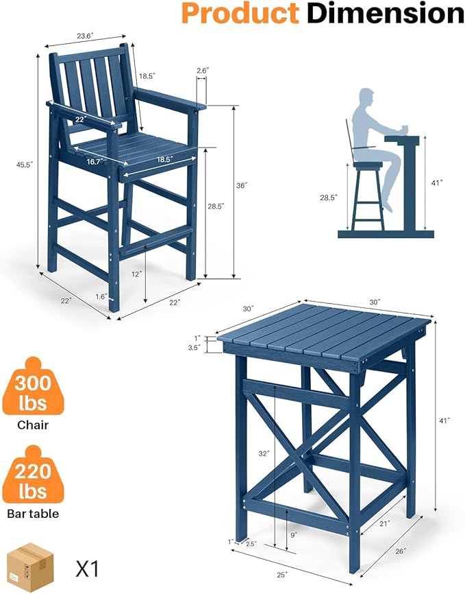 3-Piece Adirondack Chairs and Table Set, HDPE Outdoor Bar Sets, All Weather Outdoor Bar Stools Set, HDPE Adirondack Bar Height Chairs and Bar Table for Balcony, Bistro, Poolside, Navy
