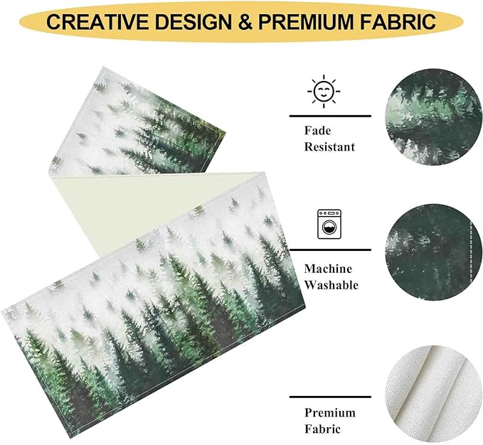 Green Forest Table Runner, Rustic Farmhouse Green Pine Tree Woodland Seasonal Mountain Country Coffee Table Center Decor for Home Kitchen Dining Patio Holiday Party Table Decorations, 13"x72" Inch