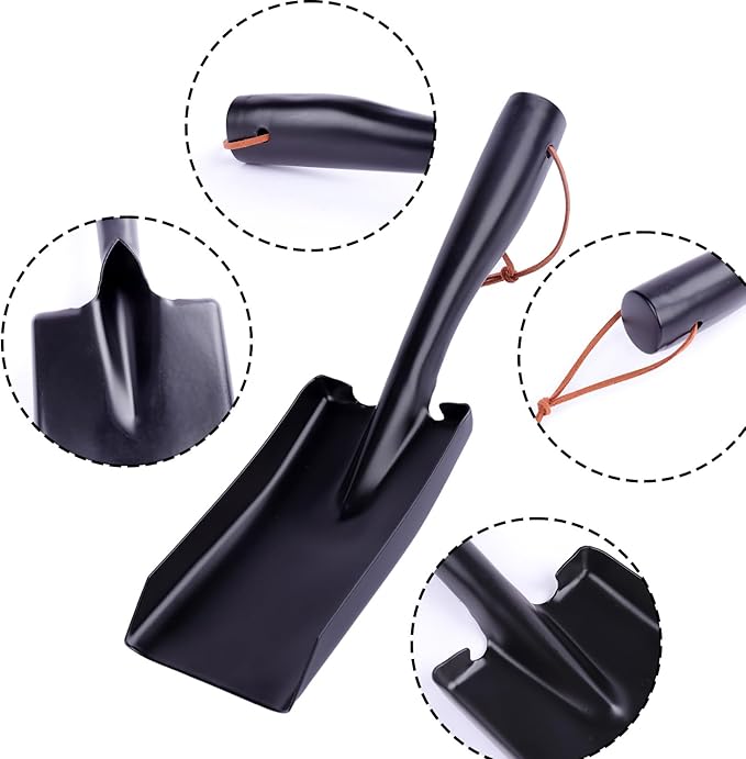 Metal Garden Ash Shovel, Black Steel, Compact Size with Leather Strap, for Fireplace, BBQ, Charcoal Cleanup
