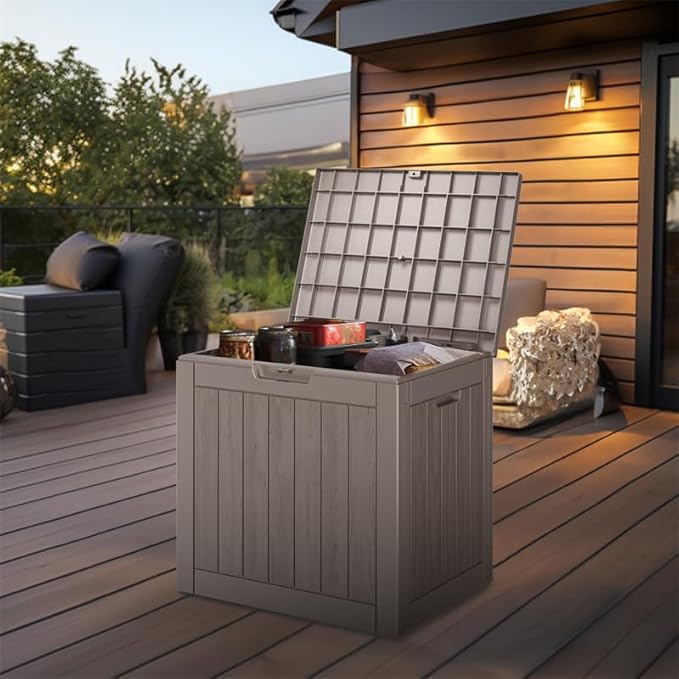 30 Gallon Outdoor Storage Box – Resin Deck Box with Lockable Lid, Waterproof Patio Furniture Storage for Tools, Garden & Yard Organization (Grey)