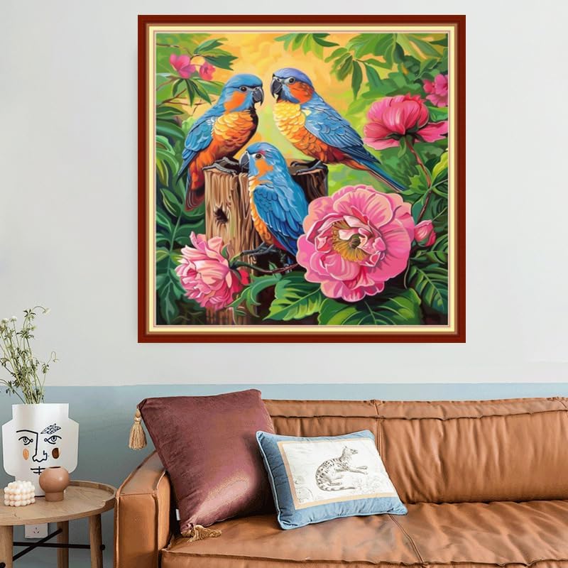 Joyhoor Stamped Cross Stitch Kits for Beginners, Needlepoint Kits for Adults, 11CT Counted Embroidery Kits-Birds and Flowers 18x18 inchs