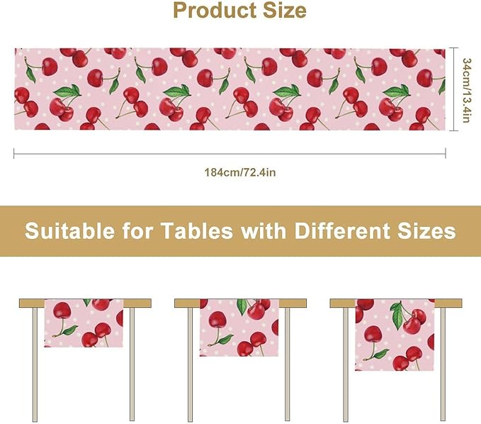 Red Cherry Table Runner, Tropical Fruit Polka Dot Print Table Runner for Birthday Party Dining Room Home Kitchen 13x70in