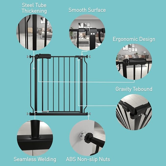 WAOWAO Baby Gate 33.86-38.58" Extra Wide Pressure Mounted Walk Through Swing Auto Close Safety Black Metal Toddler Kids Child Dog Pet Puppy for Stairs,Doorways,Kitchen