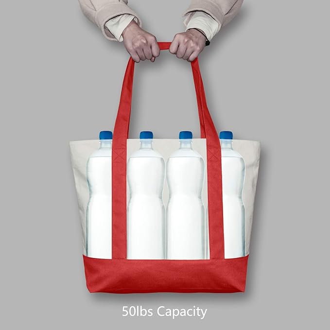 TOPDesign 3-Pack Canvas Tote Bags with an External Pocket, Reusable Grocery Shopping Bags, Top Zipper Closure, Daily Essentials (Red/Natural)