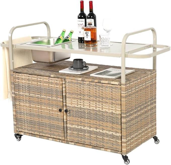 Outdoor Table, Wicker Cart with Cabinet, Patio Serving Cart with Steel Top, Lockable Wheels, Side Basket for Garden, Poolside & Backyard, Beige