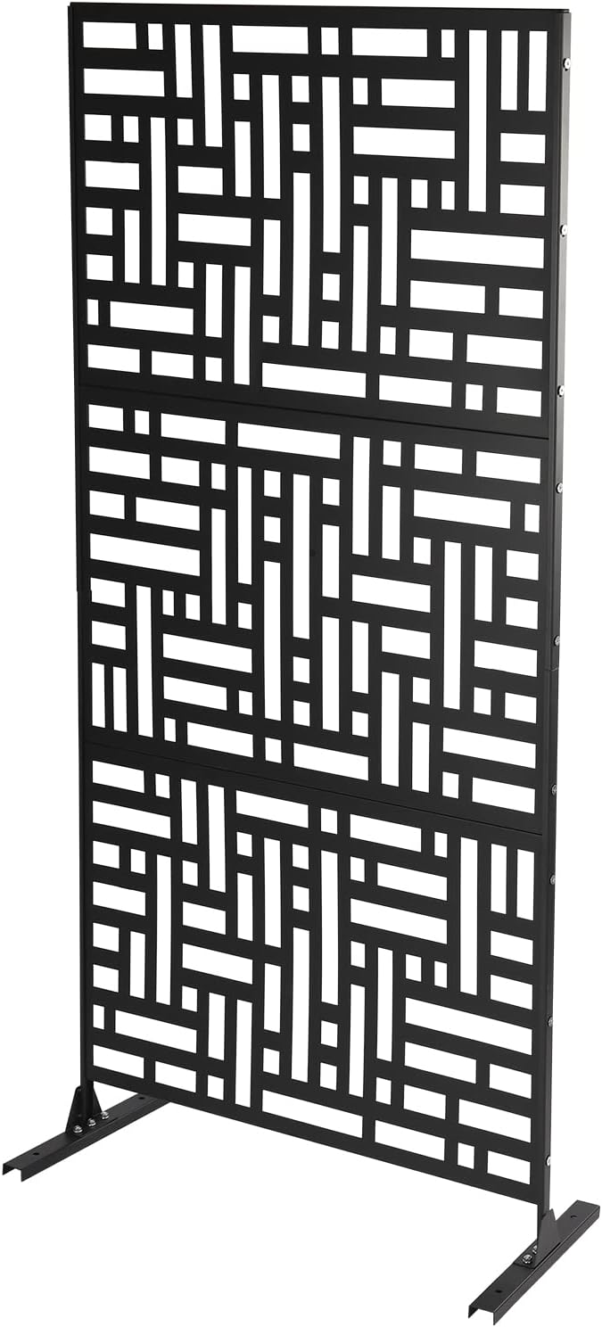 75" H x 35" W Metal Privacy Screen Freestanding Outdoor Privacy Panels Fence Decorative Indoor Room Garden Divider with a 46.3lbs H-Shaped Base for Balcony, Patio, Deck, Backyard (Black)