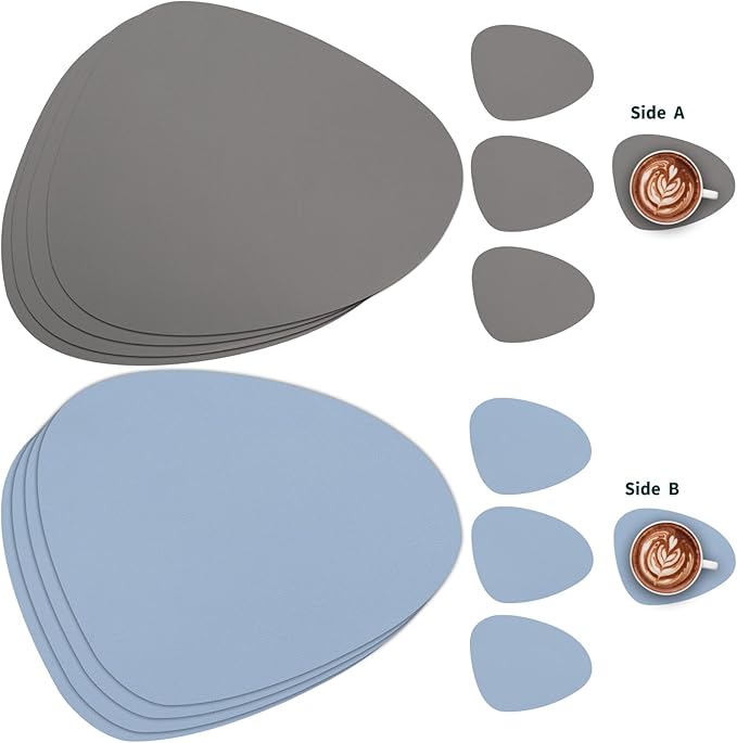 Myir JUN Placemats, Dual-Sided Placemats Waterproof Faux Leather Placemats Set of 6 Place Mats and Coasters Non-Slip Washable Table Mats for Dining Table (Gray Sky Blue, Set of 6)