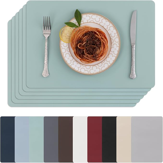 SHACOS Placemats Set of 6 Faux Leather Waterproof Leakproof Wipeable PU Non-Slip Vinyl Place Mats Heat Resistant Table Mats for Kitchen Dining Table Indoor Outdoor, Pale Green