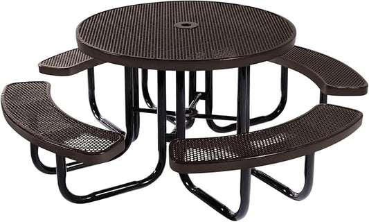 COATEDOUTDOORFURNITURE Heavy-Duty Portable Outdoor Picnic Table with Umbrella Hole, Punched Steel Commercial-Grade Patio Dining Furniture Made in America (46" Round Top, Brown)