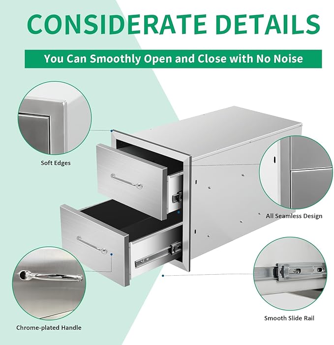 Outdoor Kitchen Drawers 14" W x 15" H x 23" D Stainless Steel Double Drawers with Ergonomic Handle for BBQ Island, Patio Grill Station & Outdoor Kitchen Cabinets