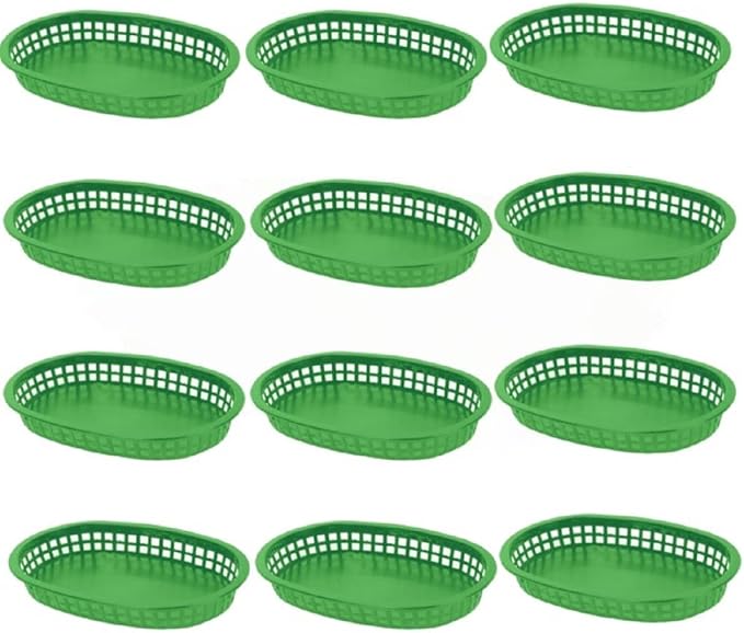 TrueCraftware- 10-3/4" Oblong Fast Food Basket Green Plastic Set of 12- Fry Fast Food Reusable Foodservice Restaurant Diner Tray Plates Restaurant Deli Serving Chicken Burgers Sandwiches & Fries