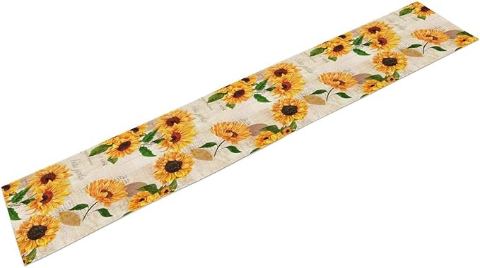 Sunflower Table Runner, Rustic Old Paper Seasonal Table Runner Farmhouse Kitchen Home Party Dining Room 13x120in