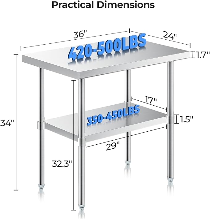 NUUK Heavy Duty Commercial Worktable 24" x 36" Restaurant Kitchen Food Prep Work Table Adjustable Height Stainless Steel Grill Workstation for Home and Hotel