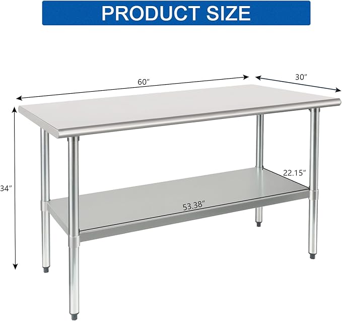 HARDURA Stainless Steel Table 30X60 Inches with Undershelf and Galvanized Legs NSF Heavy Duty Commercial Prep Work Table for Restaurant Kitchen Home and Hotel