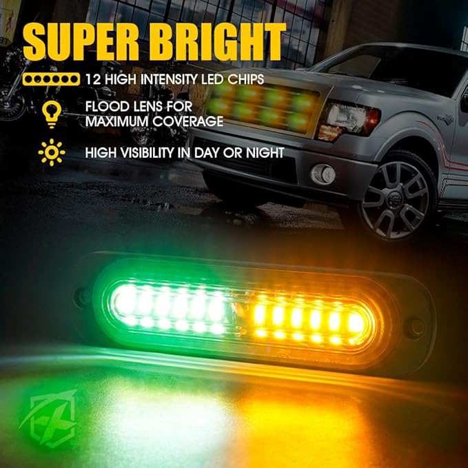 Xprite Amber Green LED Surface Mount Strobe Lights Kit, w/Control Panel Emergency Safety Warning Flashing Grille Cop Marker Light Assembly for Vehicles Trucks ATV UTV Motorcycle 4PCS