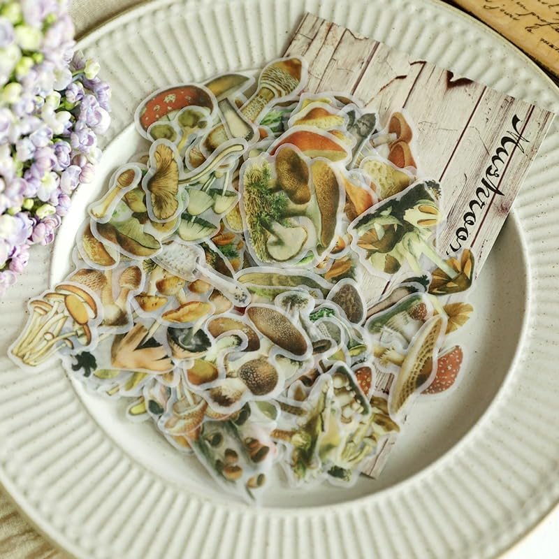 Vintage Vellum Stickers Floral Plants Elements Scrapbooking Supplies Flowers Botanic Natural Translucent Paper Self-Adhesive Junk-Journal Items (Small Mushroom)
