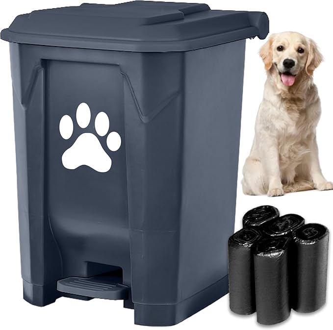 tebiete Dog Poop Trash Can Outdoors Pet Waste Station with Lid Dog Waste Disposal Container with Removable Inner Bin Bucket Hands-Free Pedal Garden Yard Home with 5Rolls Waste Bags, Grey