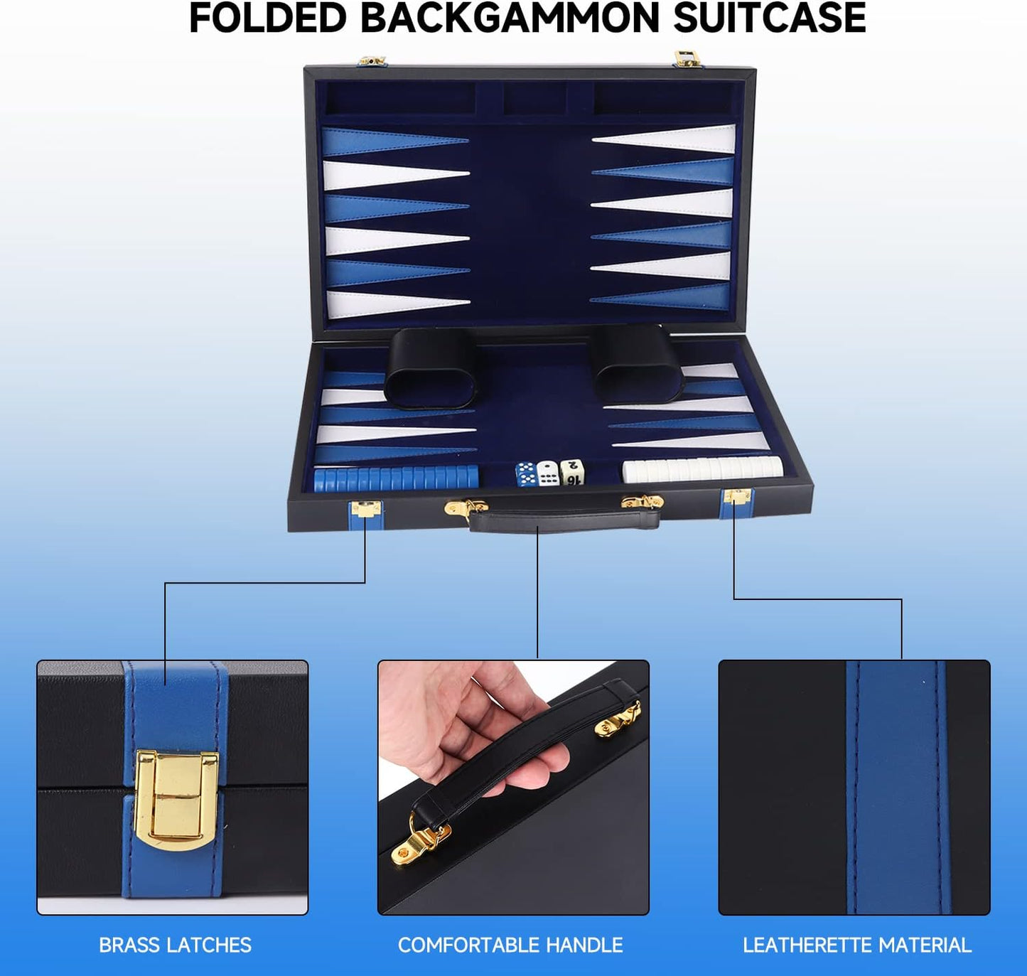 GSE Games & Sports Expert Premium Leather Backgammon Board Game Set, Classic Backgammon Game Set with Leather Case, Travel Folding Board Game (Black&Blue, Medium)