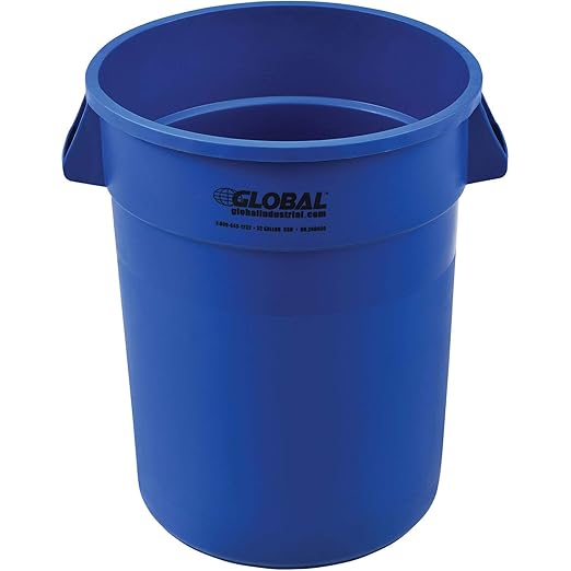 Global Industrial Commercial Round Trash Can, 32 Gallon Capacity, Plastic Garbage Can, Indoor and Outdoor Utility Trash Can, Blue, 21-3/4"W x 27-1/2"H, No Lid