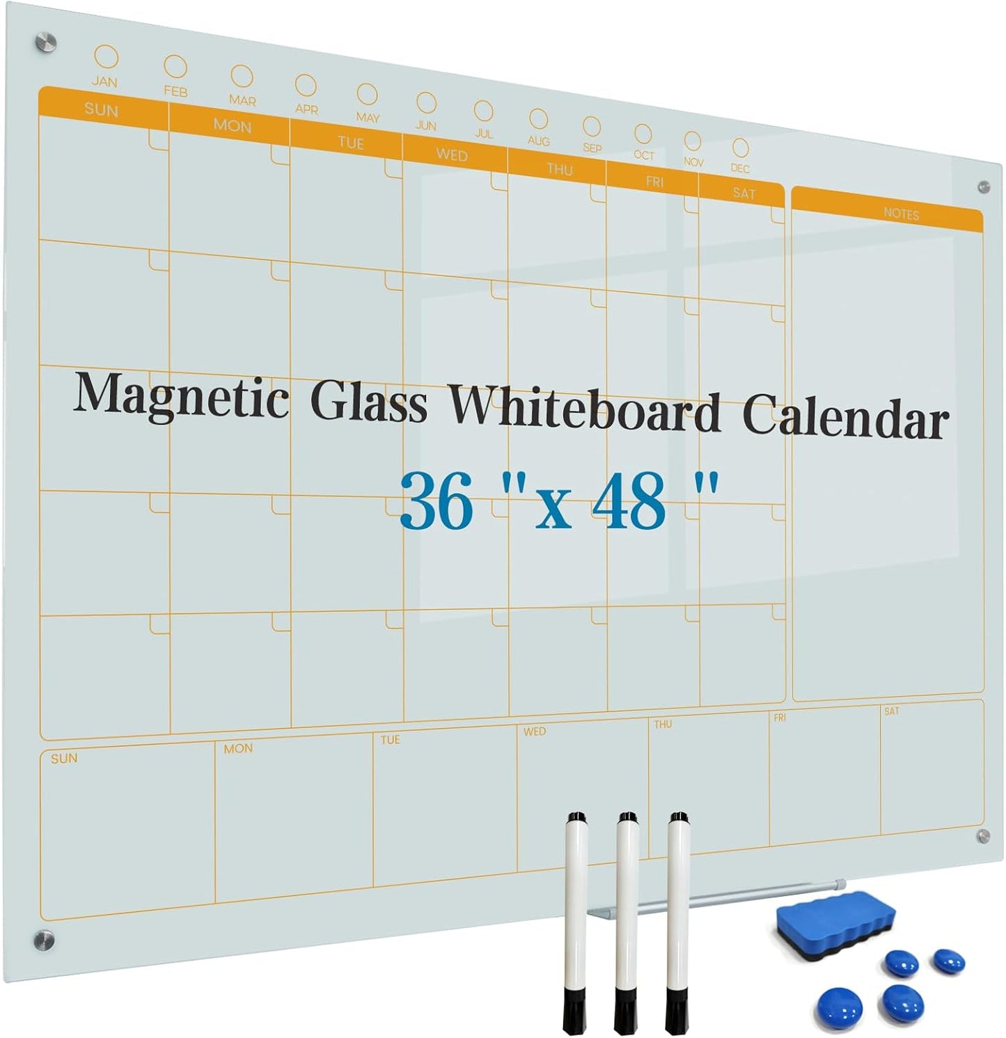 Magnetic Glass Whiteboard Calendar 48"x36" Glass Dry Erase Calender Board 36"x48" Monthly Plan White GlassBoard Wall Mounted for Office School Home (White)