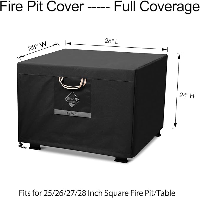 QH.HOME Fire Pit Cover Square, 28 inch Firepit Covers,Heavy Duty Fabric 100% Waterproof, Fits Outdoor for 25inch,27 inch,28 inch Square, Fireplace Cover,Gas Fire Pit Cover (28”L x 28”W x 24”H,Black)